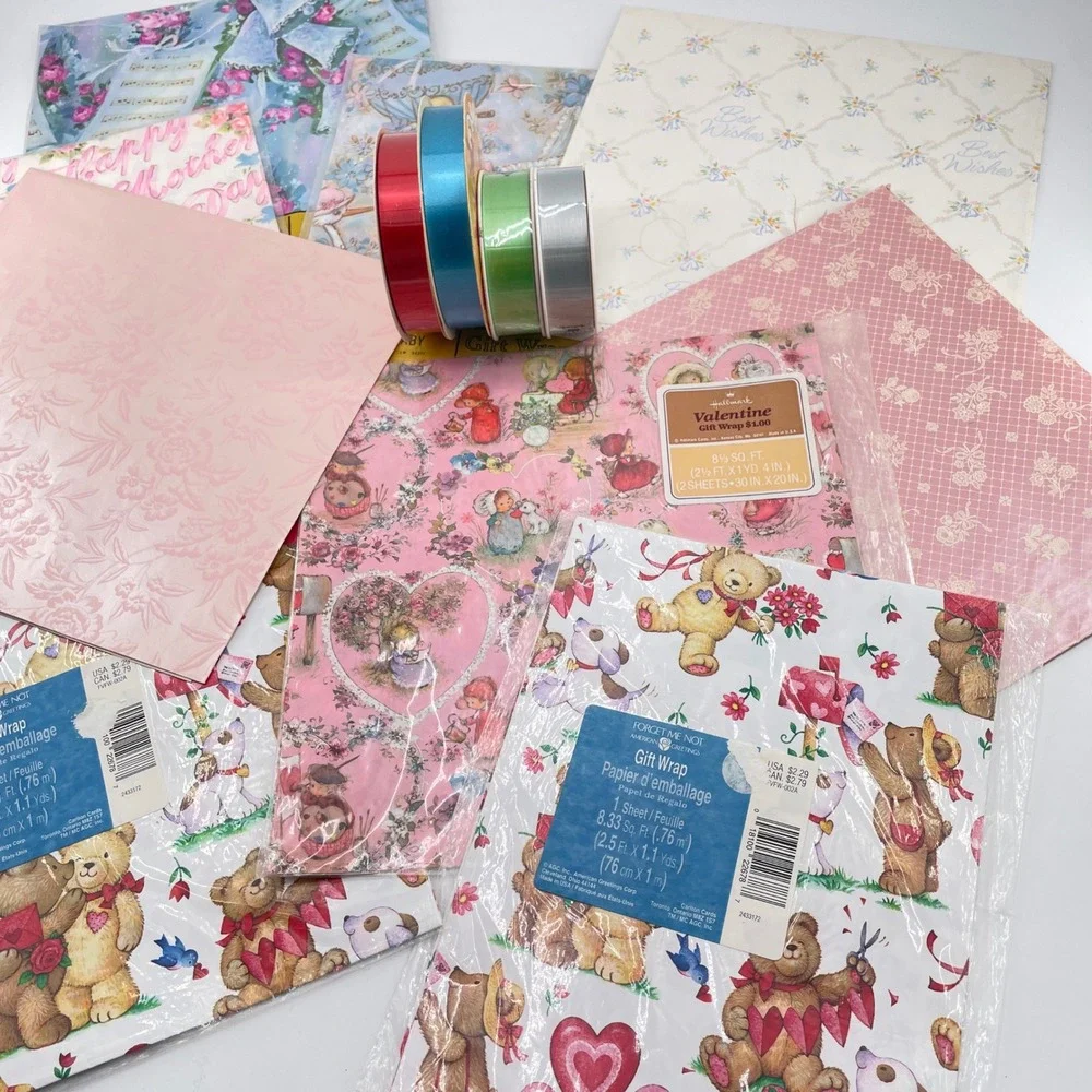 Hallmark American Greetings Vintage Gift Wrap Ribbon Lot Pink Floral Bear 1980s